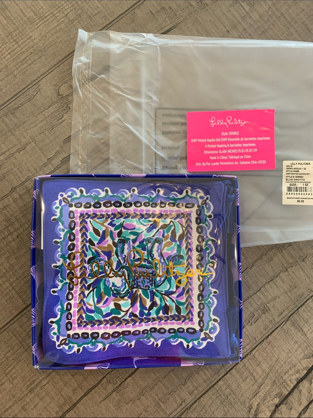 Lilly Pulitzer Blue-Purple Floral Printed Cocktail Napkins with Gold Script